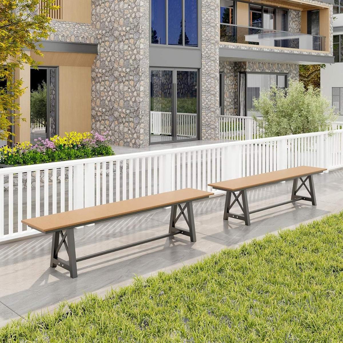 Panchina da esterno in hdpe struttura metallica, Panchina da patio lunga 183 cm Marrone e Nero-Panchine