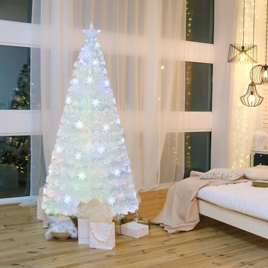 Albero di Natale in fibra ottica da 180cm con foglie iridescenti stella in cima e luci LED, Albero decorativo per feste-Alberi di Natale