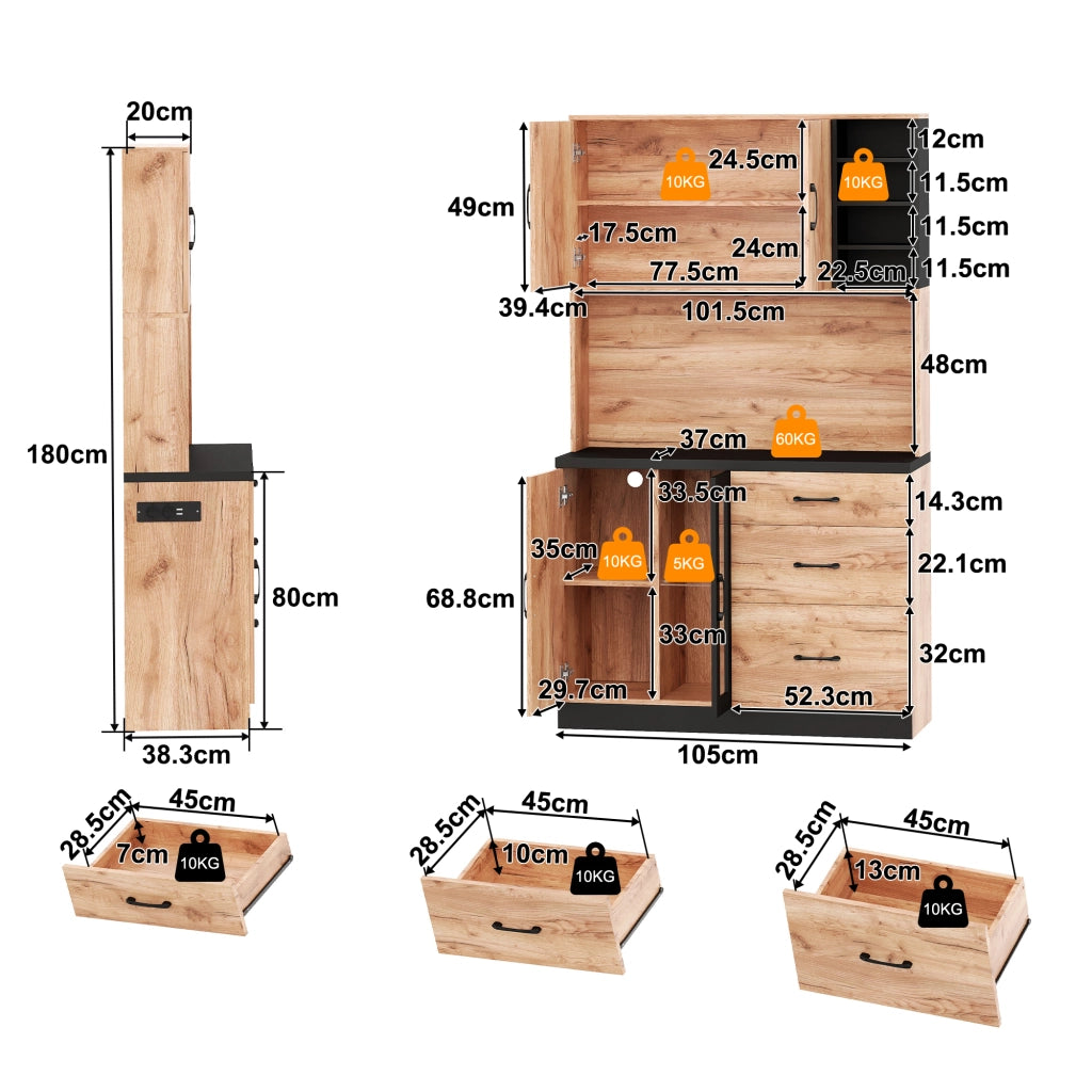 Colonna da cucina con 3 cassetti; ripiani regolabili e LED - per cucina - in MDF - 105×40×180 cm - neutro