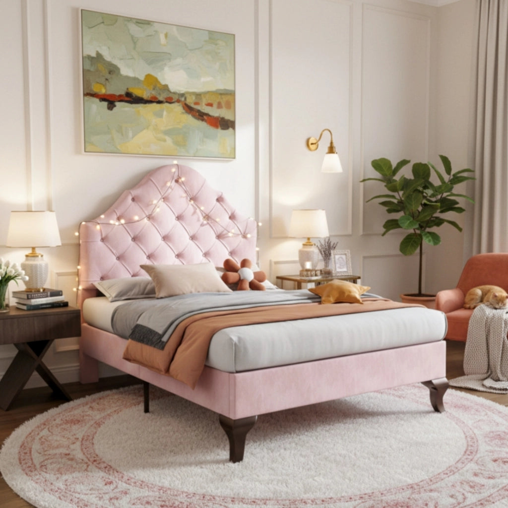 Letto singolo imbottito in velluto con testiera regolabile e doghe; rosa; 90x200 cm; senza materasso
