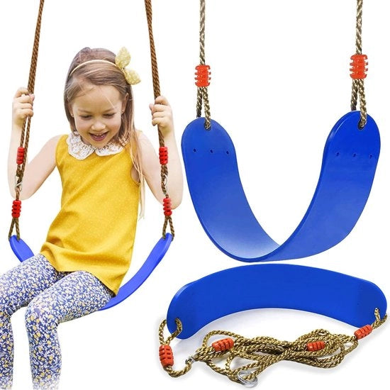 Bancopendolo per bambini, oscillante all'aperto e all'interno, in legno, regolabile in altezza, con superficie antiscivolo, sostenibile fino a 150 kg, colore blu.