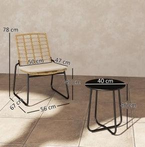 Set di mobili da giardino in rattan 3 pezzi con 2 sedie impilabili e tavolo, per balcone e terrazza, beige e marrone