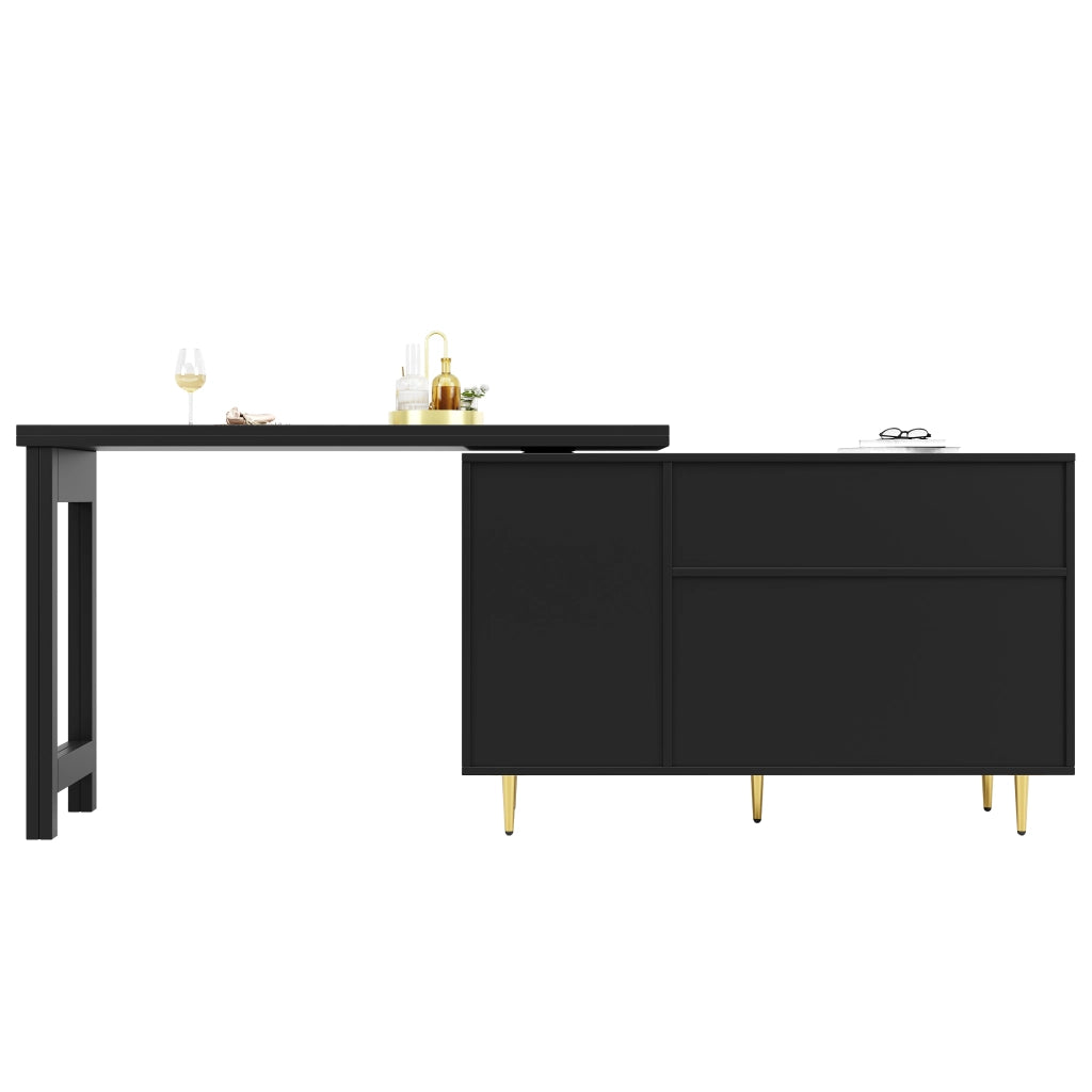 Mobile Bar con Anta in Rattan; Cassetto; Ripiani Aperti; Piano Girevole a 360° ed Estensibile per Cucina