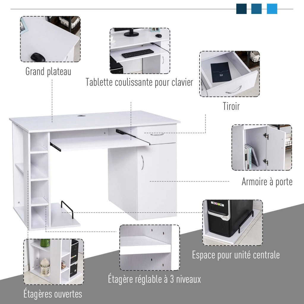 Scrivania per computer con scaffale e cassetto ¨C zephmum ¨C bianco MDF 120x60x74 cm