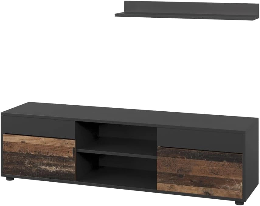 Parete attrezzata soggiorno Berno, Nero/antico, 2 parti, per la conservazione di accessori multimediali e l'esposizione di decorazioni