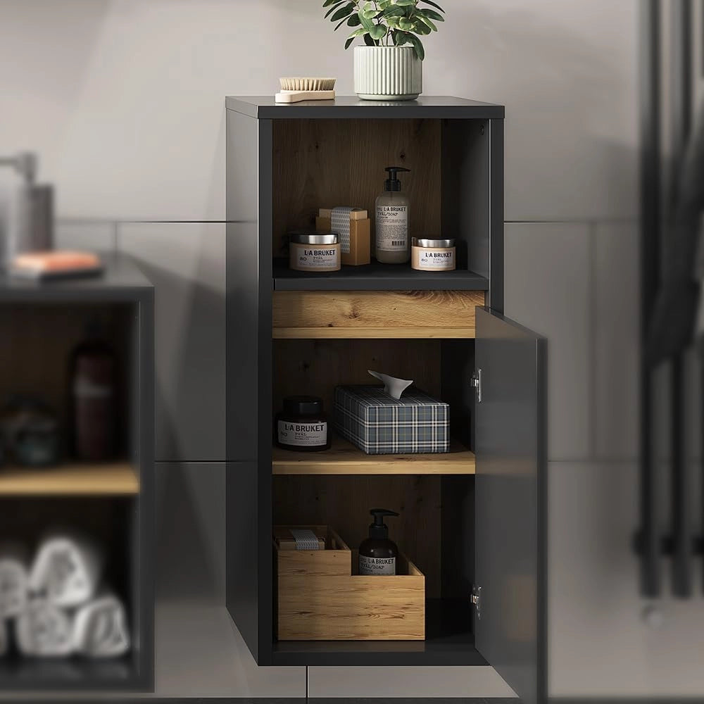Mobiletto bagno Viola, Antracite, 33 x 80 cm, per montaggio a parete con vani a giorno e vani chiusi