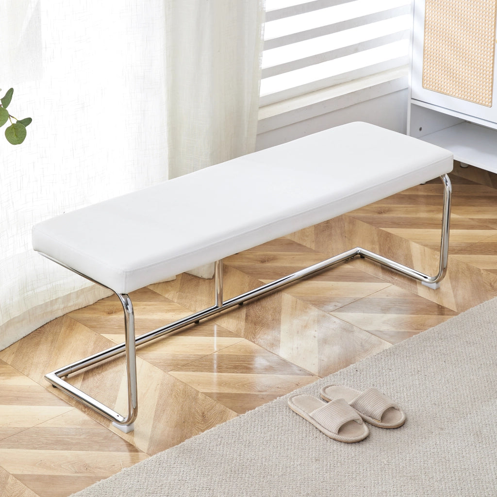 Bout de lit in pelle PU con struttura metallica, facile da pulire e versatile per ingresso e sala da pranzo, bianco 130 cm