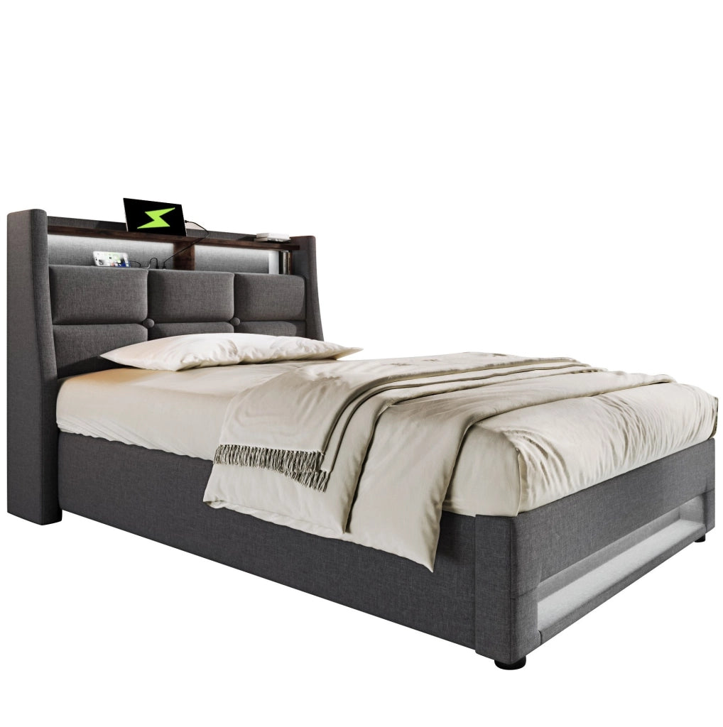 Letto imbottito 90x200 cm con LED e USB; lino grigio (Senza materasso)