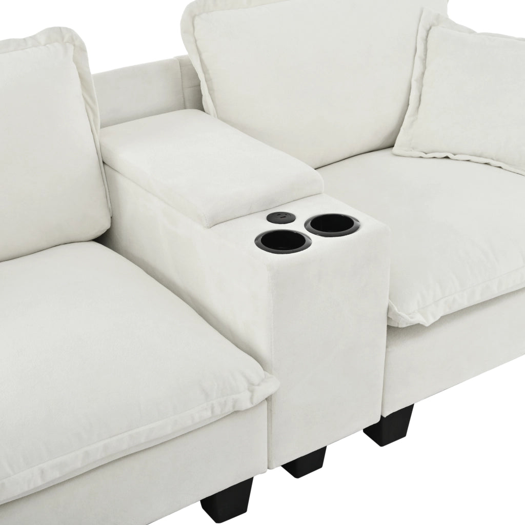 Divano modulare con USB; contenitore e portabicchieri - in chenille - beige - 224×155×90 cm