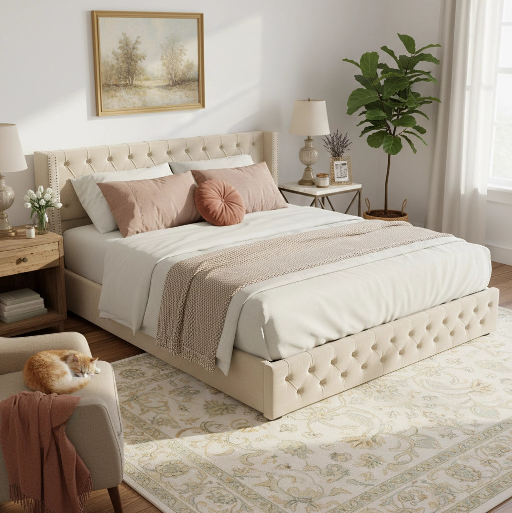 Letto matrimoniale contenitore in velluto beige 160x200 cm