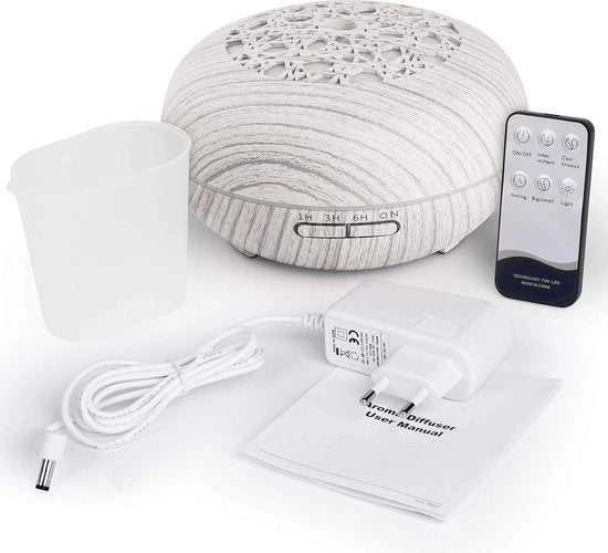 Dispositivo di diffusione aria 550 ml, con telecomando, ultrasonico, lampada UV, oli, diffusore con 7 colori, LED, spegnimento automatico senza acqua.