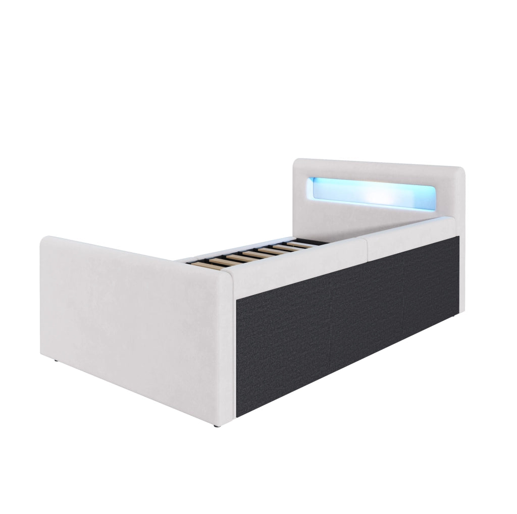 Letto imbottito per bambini 90x200 cm beige con LED, USB e contenitore idraulico