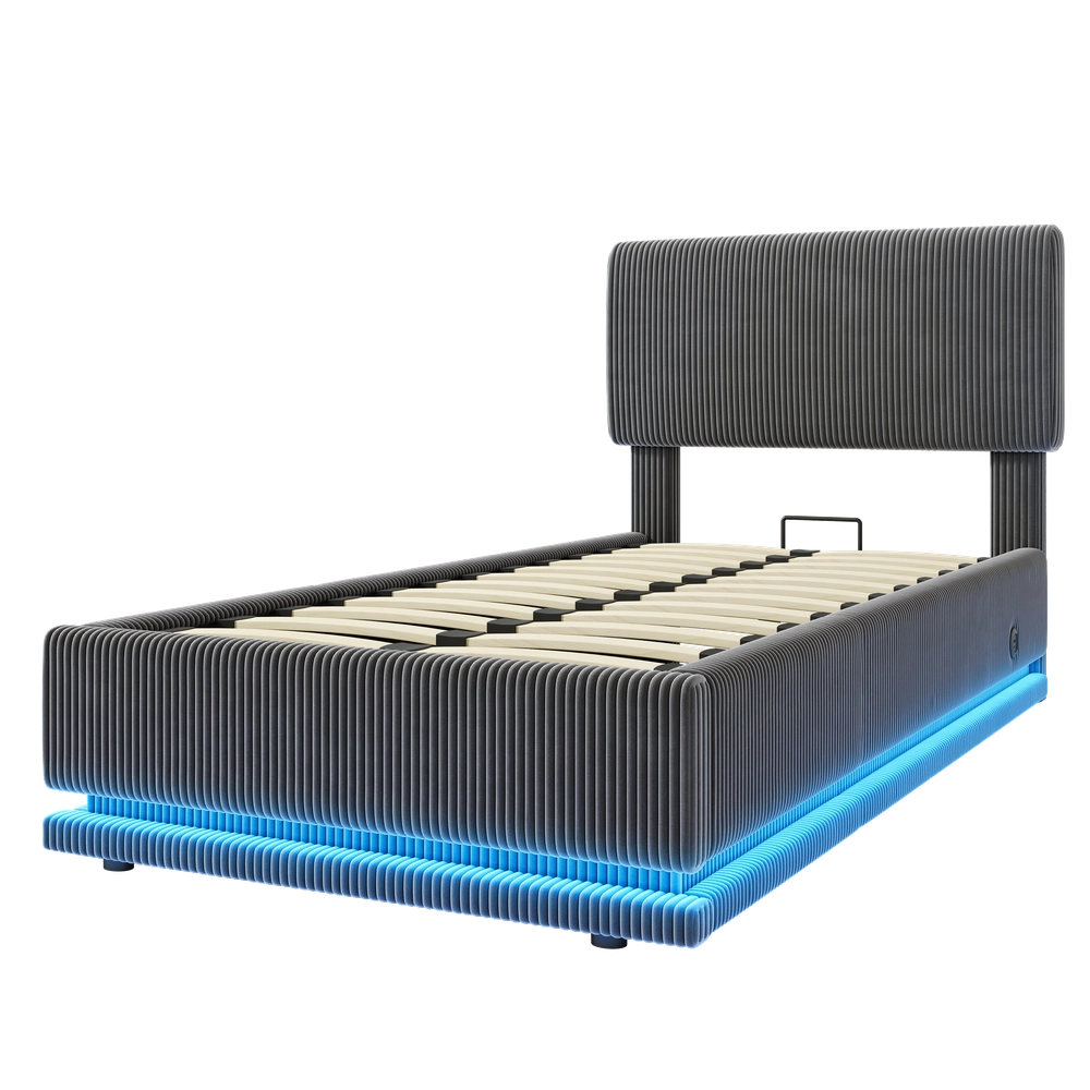 Letto Imbottito con LED, USB-C, Testiera Regolabile e Contenitore ¨C MINIMAL ¨C Velluto a Coste, 90x200, Grigio