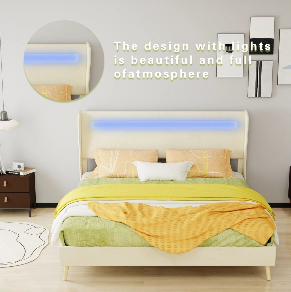 Letto basso 160x200 cm con testiera regolabile e LED multicolore; tessuto e metallo; beige