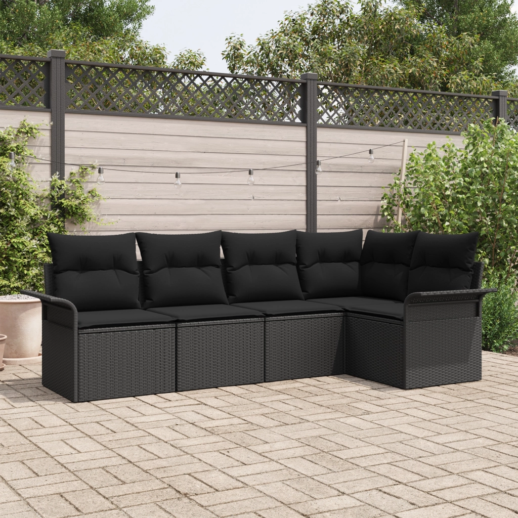 Set divano da giardino 5 pezzi con cuscini in polyrattan nero