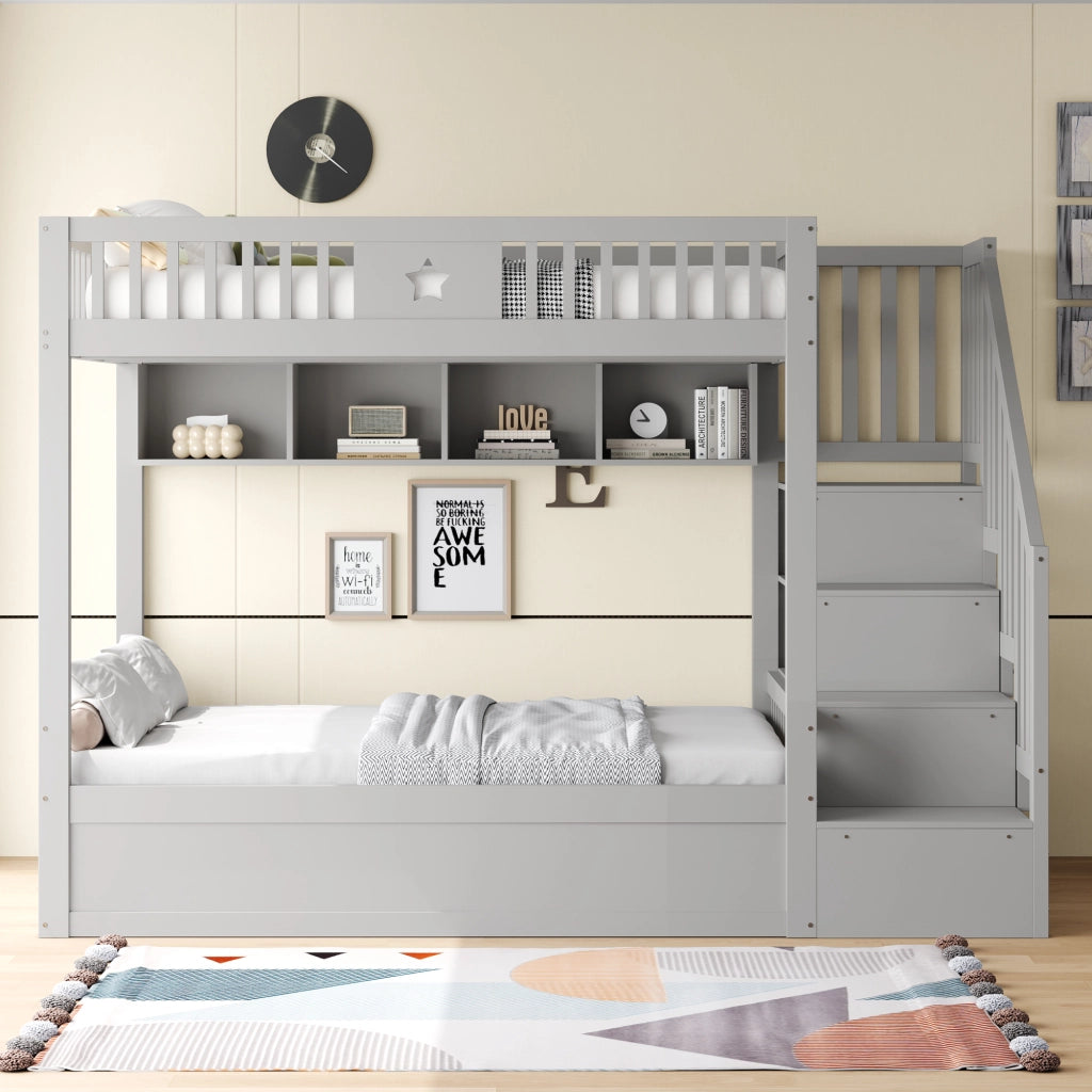 Letto a Castello 140×200 cm; Letto Matrimoniale con Contenitore Idraulico; Scala Contenitore e Mensole; senza Materasso