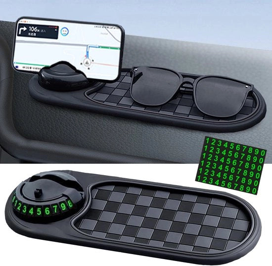 Mat antislip multifunzionale per auto, supporto universale per telefono per auto, mat antislip 360° rotativo per auto con numero di parcheggio, mat antislip multifunzionale per auto per decorazione, occhiali e smartphone usati.