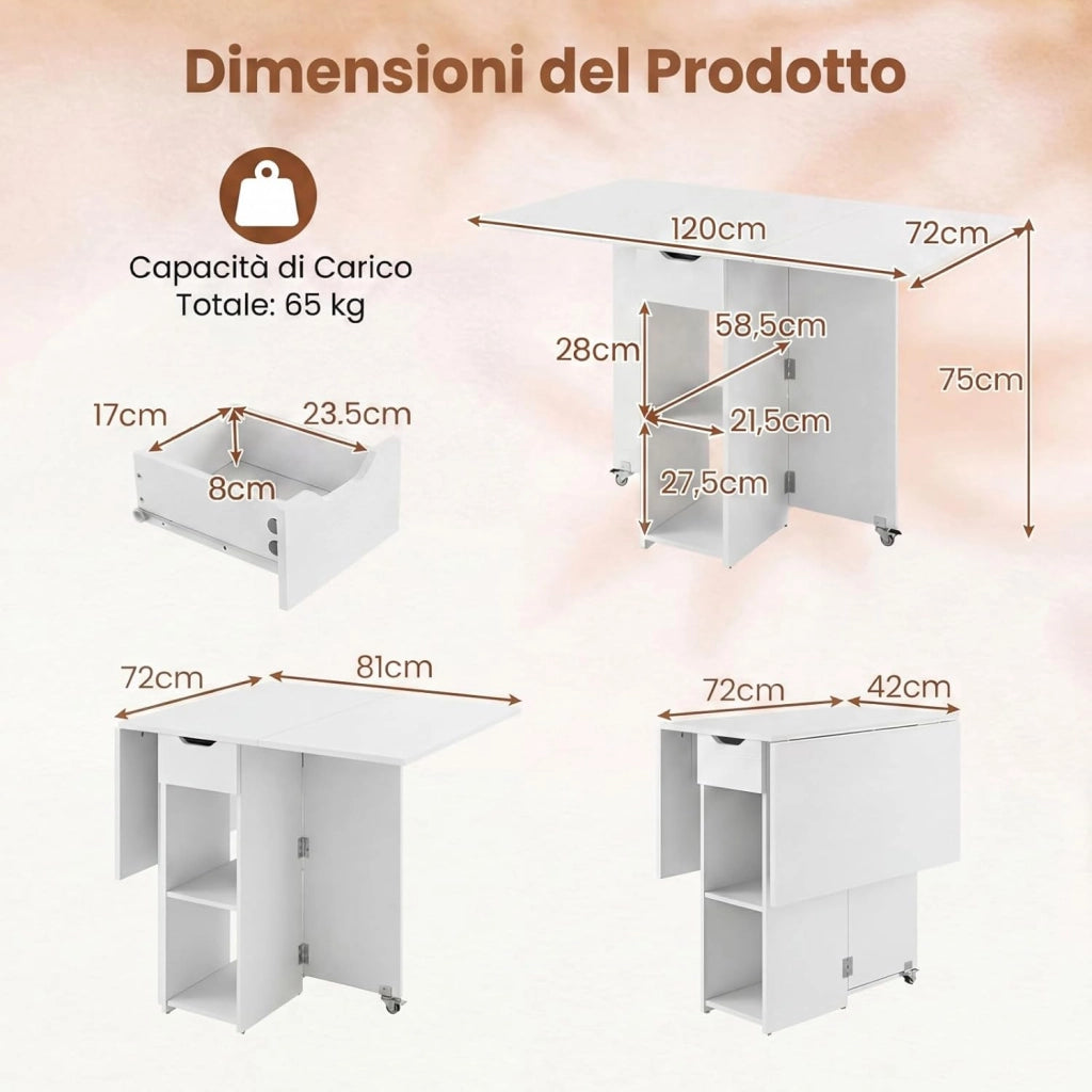 Tavolo da Pranzo Pieghevole, Tavolo Salvaspazio per 4-6 Persone con 2 Ripiani, Cassetto e Ruote a Freno, Tavolino Cucina per Cucina, Soggiorno e Ufficio, 120 x 72 x 75 cm (Bianco)