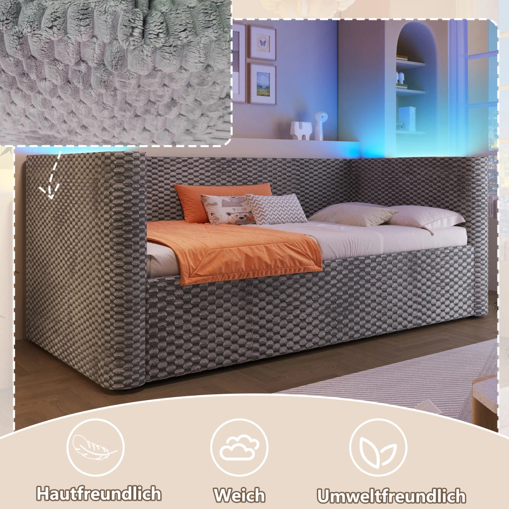 OKWISH Letto a Divano 90×200 cm, Letto Singolo con Contenitore Idraulico, LED Multicolore e Controllo tramite App, senza Materasso, in Velluto, Grigio