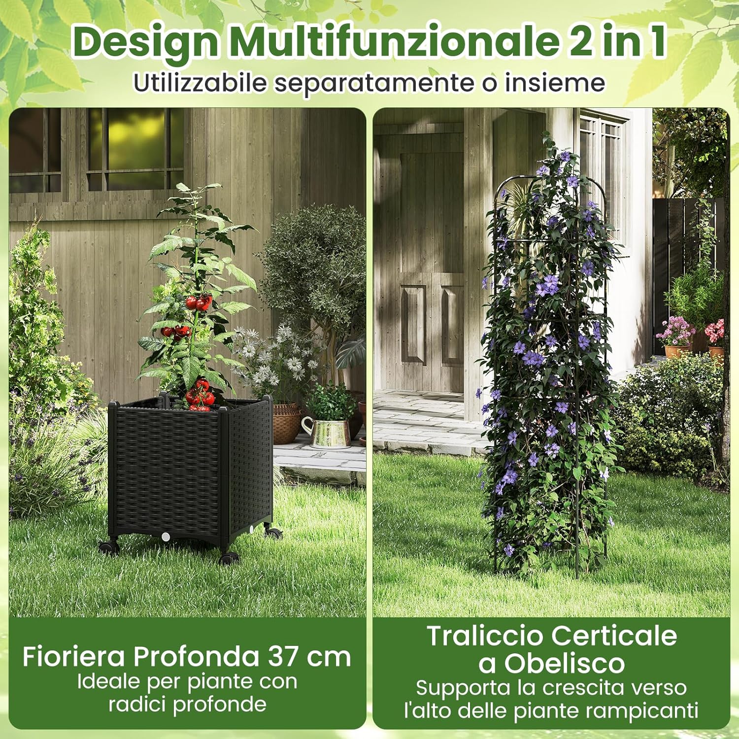 Traliccio per Rampicanti da Esterno, Obelisco Regolabile in Altezza tra 106-211 cm con Vasca per Piante e Ruote Bloccabili, Obelisco in Metallo per Fiori, Frutti e Verdure