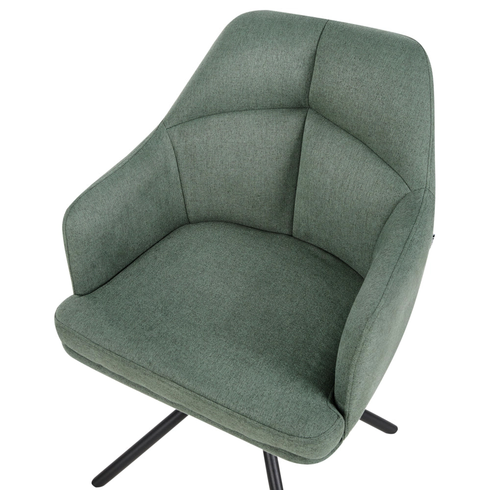 Set di 2 sedie girevoli da pranzo Tessuto verde con braccioli Schienale trapuntato Gambe in metallo nero Retro Transitional