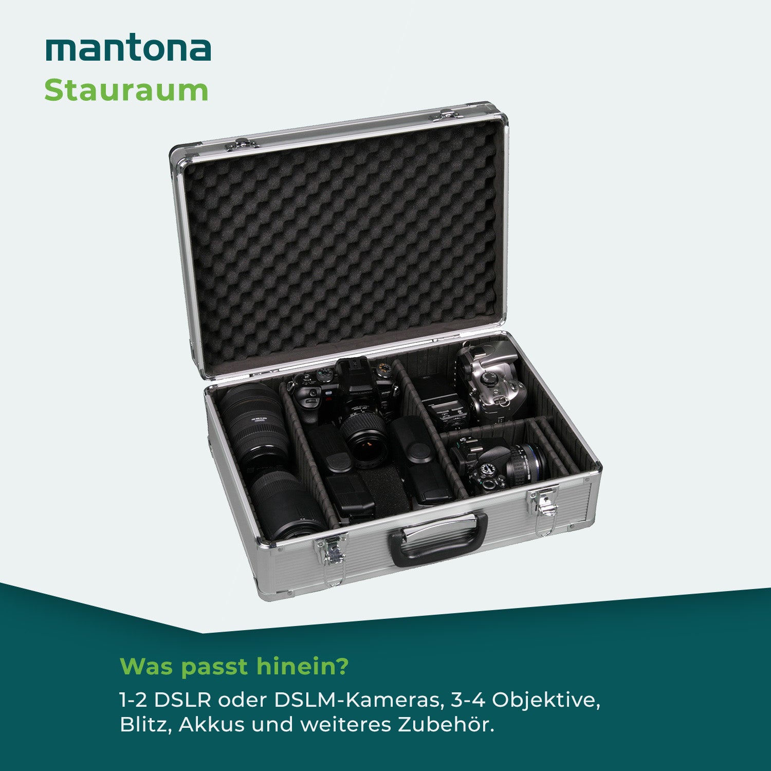 Mantona Valigetta fotografica in alluminio, custodia per fotocamera e obiettivi, con chiusura a chiave 5 divisori regolabili e imbottitura in schiuma