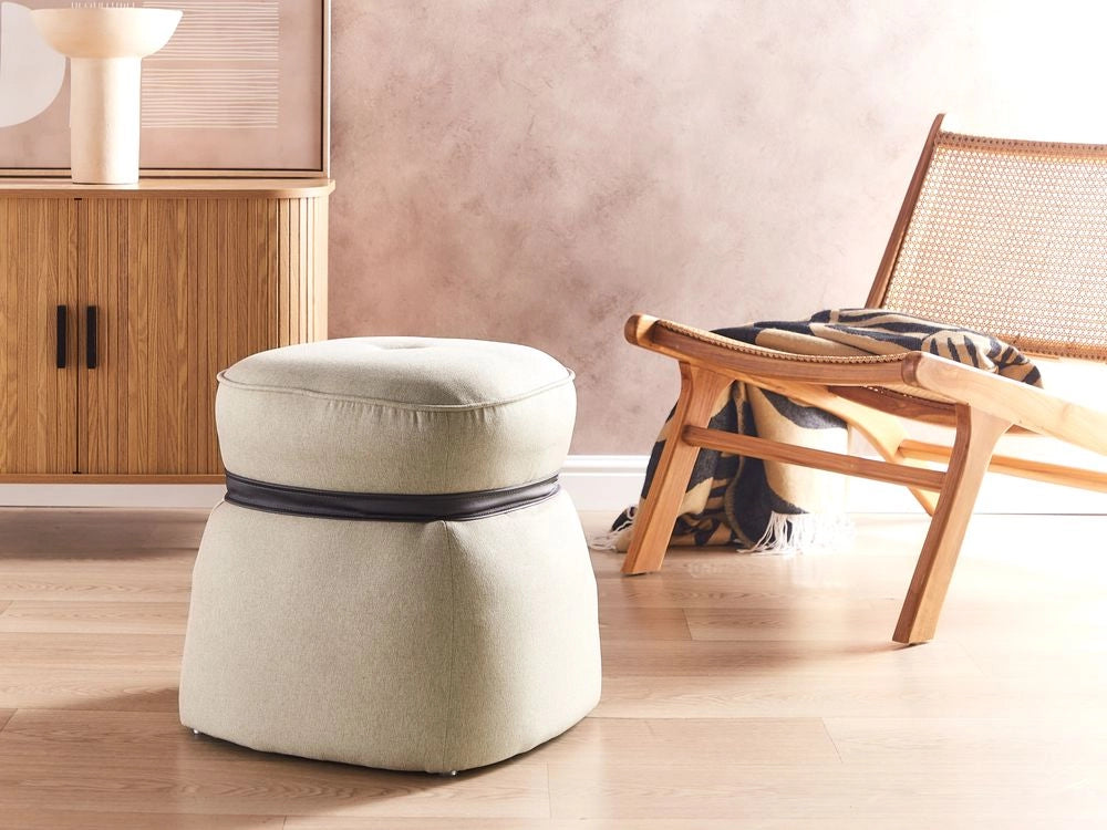 Pouf poggiapiedi stile moderno rotondo in tessuto di lino beige soggiorno camera da letto