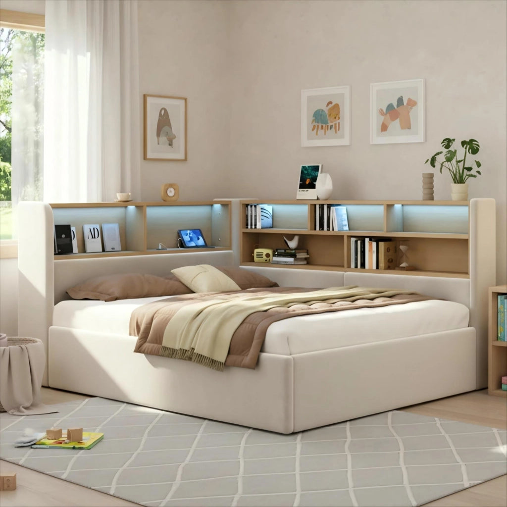OKWISH Letto a Divano 140×190 cm, Letto Matrimoniale con Contenitore, LED Regolabile, USB, Tipo C e Mensole, senza Materasso, Velluto, Beige