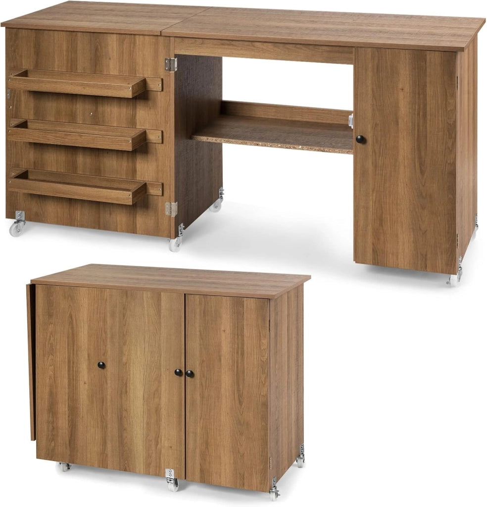 Tavolo Pieghevole da Cucito, Tavolo Versatile a Ribalta con Superficie Ampia, Scrivania per Computer con Ruote Bloccabili, Ideale per Salone Camera da Letto Studio (Naturale)