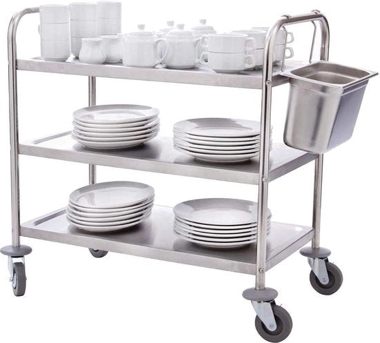Carrello da servizio in acciaio inossidabile con 3 piani, catering, carrello da servizio, trolley da cucina con ruote, vettura di trasporto per hotel, ristorante e casa (2 ruote con blocco freno, 2 senza freno), dimensioni 950 x 500