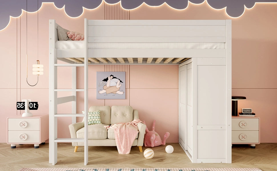DESMIU Letto a soppalco per bambini 90 × 200 cm 1 posto con armadio, vano e spazio libero, senza materasso, bianco