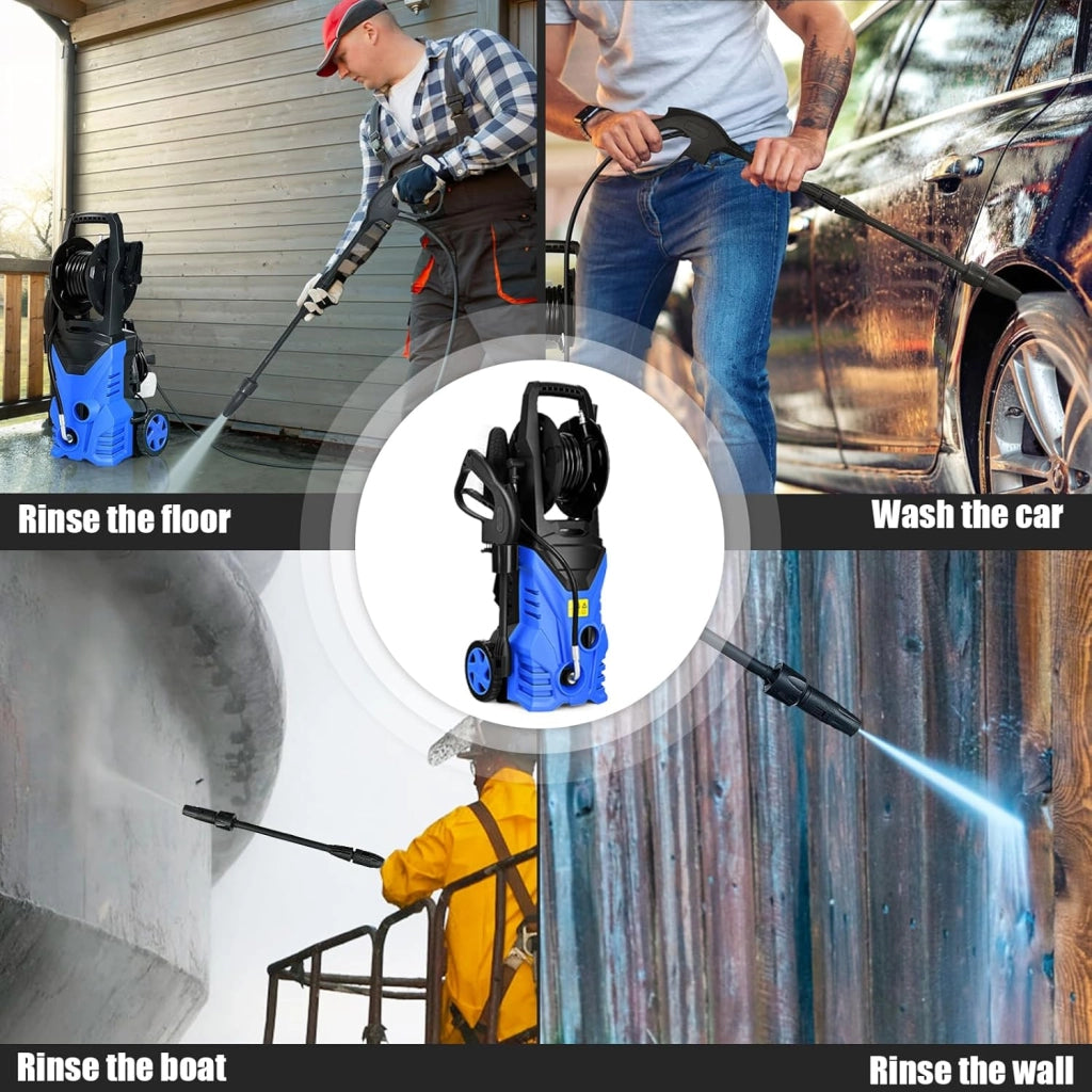 Pulitore ad alta pressione 1500 W, pulitore elettrico 140 bar, 5 l/min, con ugelli, raccordo ingresso acqua, vasetto da bucato, spazzola cavo elettrico 5 m, per auto, terrazza, parete (blu+nero)