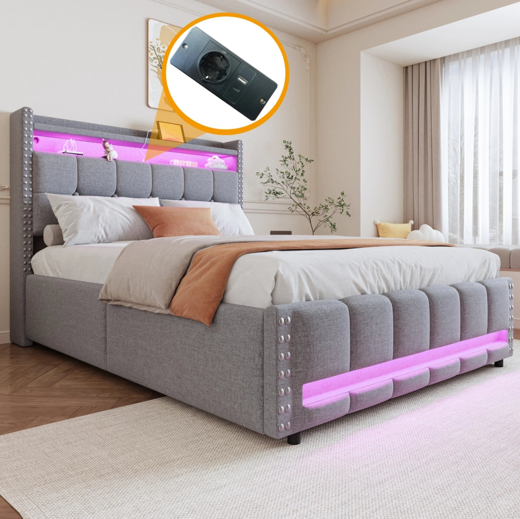 Letto imbottito 140x200 cm con contenitore idraulico; LED; USB e ripiani; lino grigio chiaro