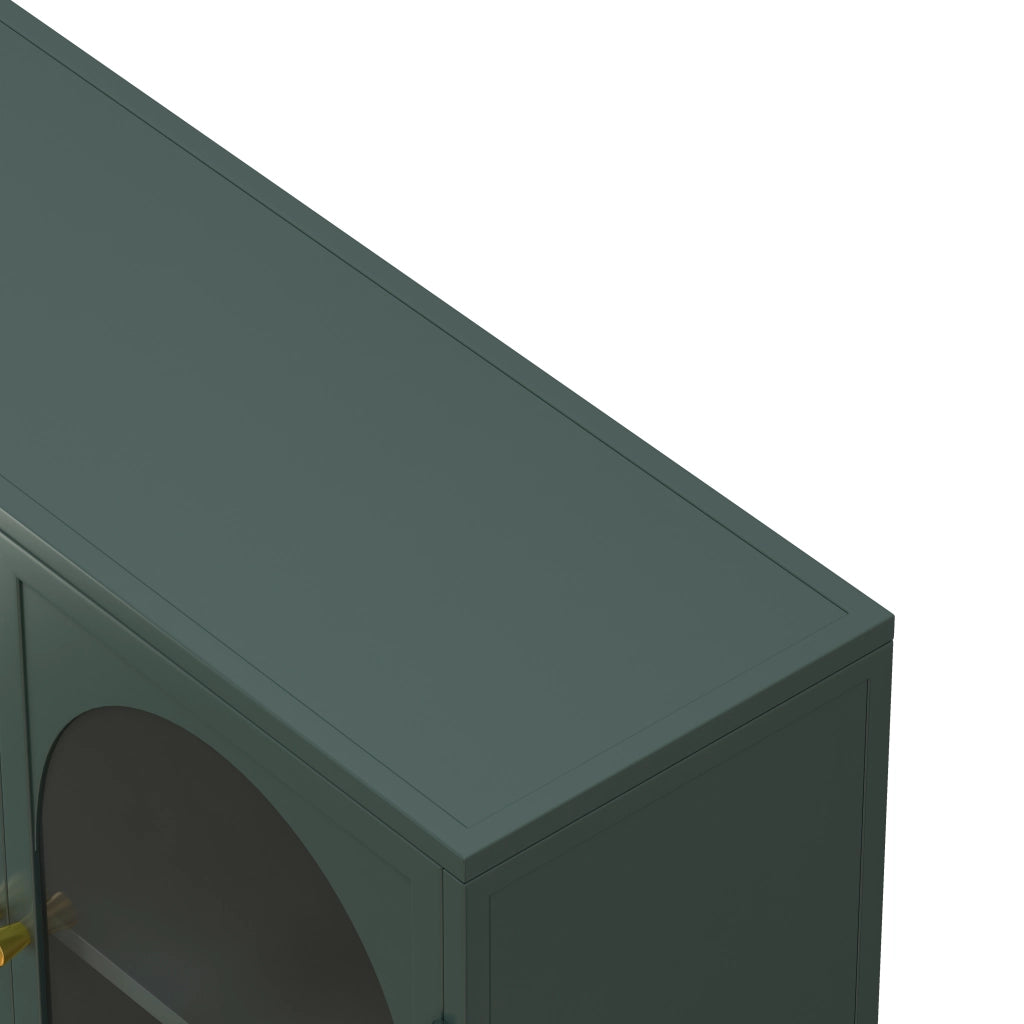 Mobile contenitore a 4 ante in ferro e vetro con ripiani; per cucina e soggiorno; 120×23×70 cm; verde scuro