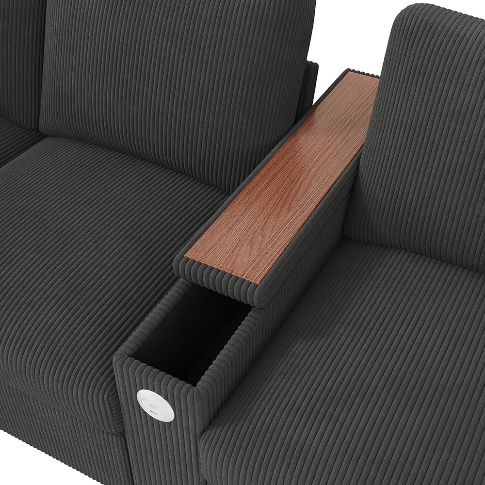 Divano moderno 4 posti - Xylo - Grigio - Tessuto peluche, funzione ricarica USB/USB-C, bracciolo centrale ribaltabile con vano