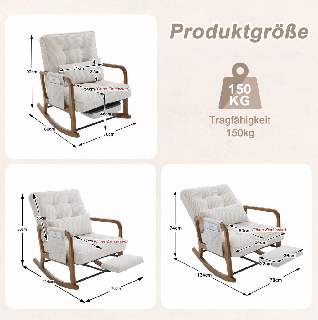 Sedia a dondolo 70x80x92 cm con poggiapiedi e tasca laterale; legno e corduroy beige