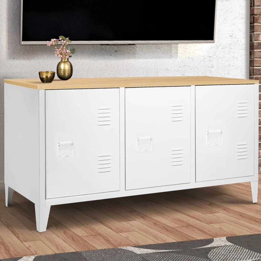 IDMarket - Credenza bassa ESTER 113 cm con 3 ante in metallo bianco e piano in legno dal design industriale