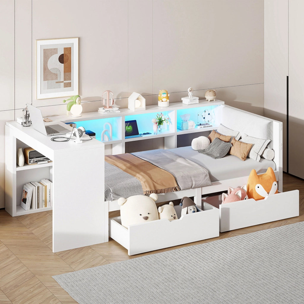 Letto singolo 90 × 200 cm con testiera imbottita, ripiani, 2 cassetti, USB, LED, senza materasso, bianco
