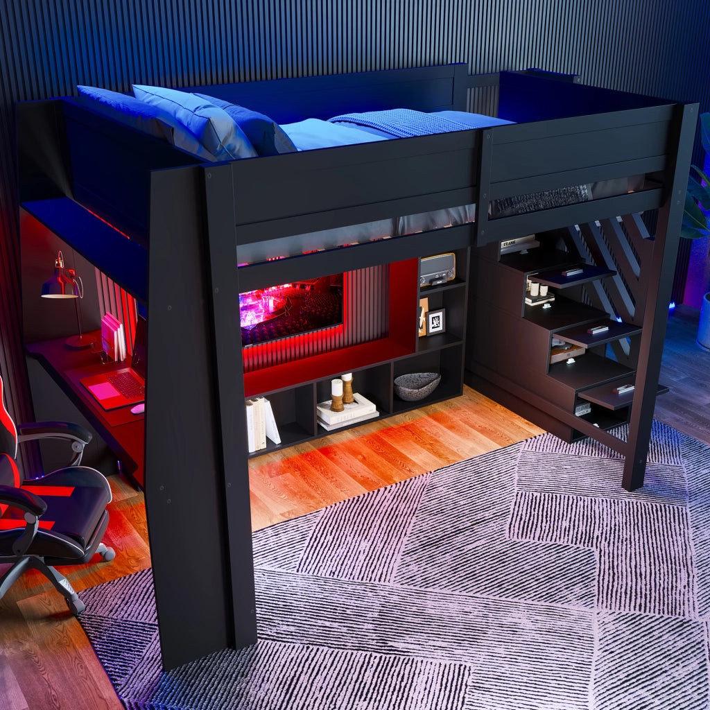 Letto a soppalco 140x200 cm nero con scrivania, LED e scala