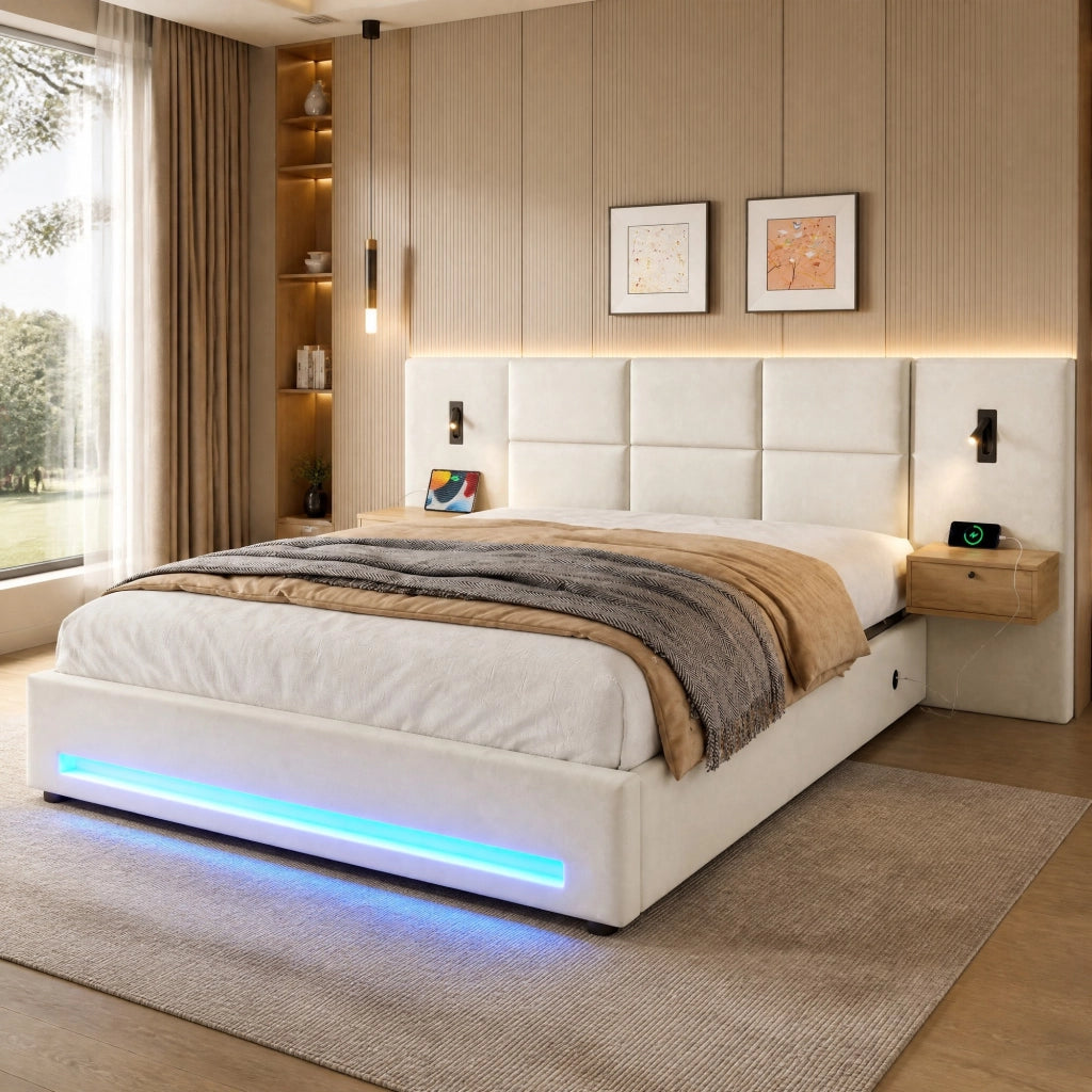 LETTO 180x200 cm in velluto beige con cassetti, LED e USB-C