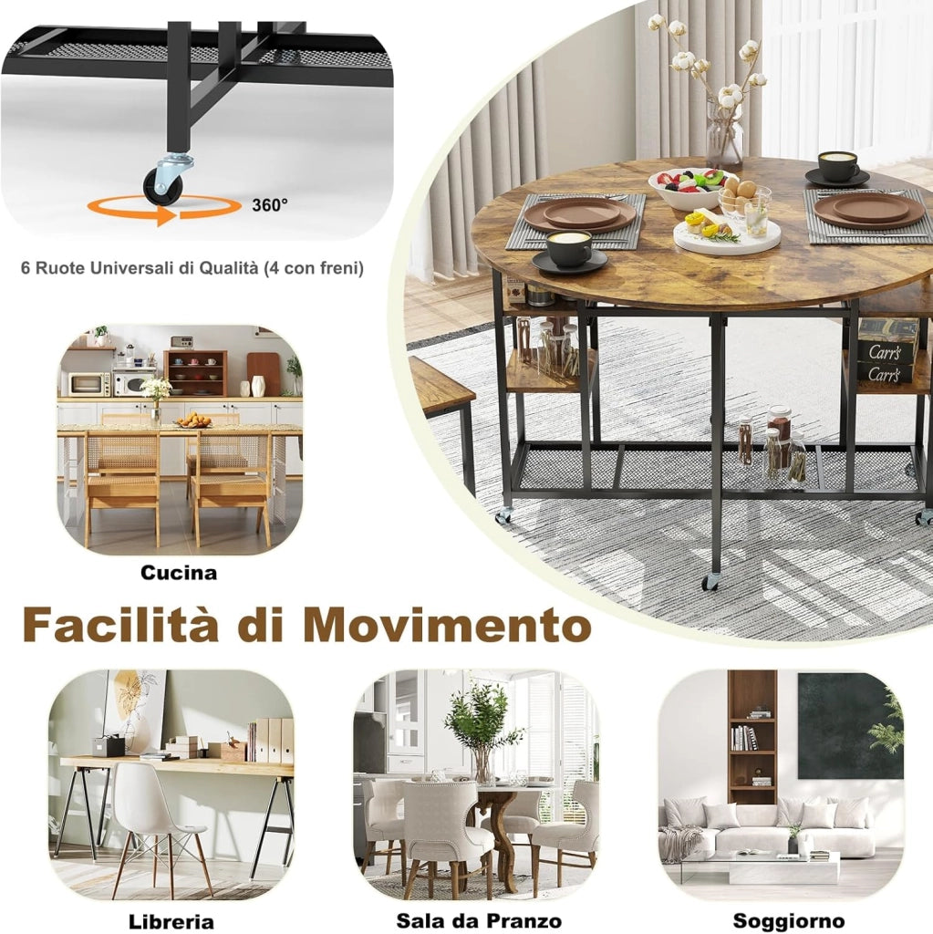 Set da Pranzo Pieghevole a 3 Pezzi, Tavolo da Cucina Rotondo con Ampio Piano e 2 Sgabelli, Scaffali e 6 Ruote Universali, Tavolo da Pranzo per Soggiorno, Sala da Pranzo e Cucina