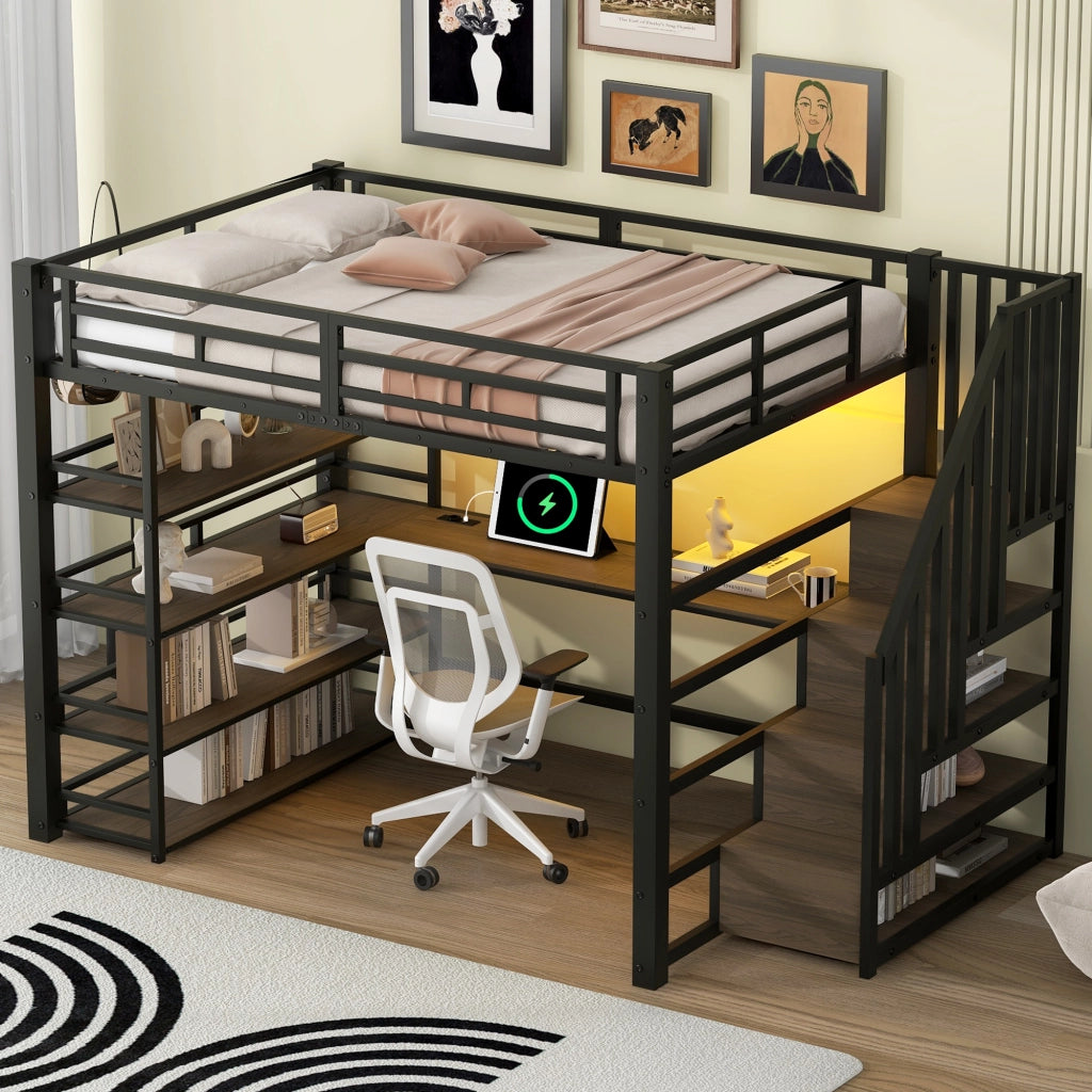 Letto a soppalco 140 × 200 cm con scrivania integrata, ripiani, LED, stazione di ricarica USB et metallo nero, senza materasso