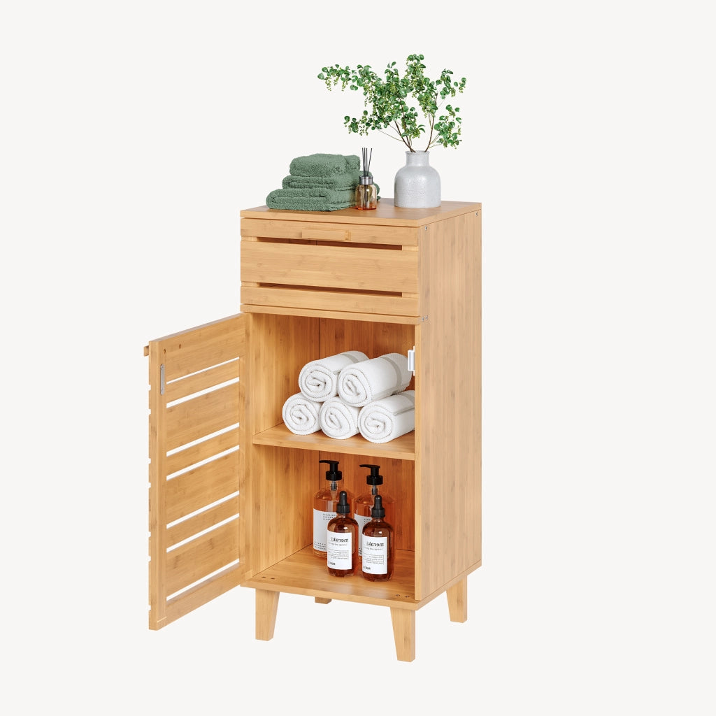 Mobiletto da Bagno Epind con Cassetto e 2 Scomparti Chiusi 75 x 33 x 30 cm - Bambù Naturale [en.casa]