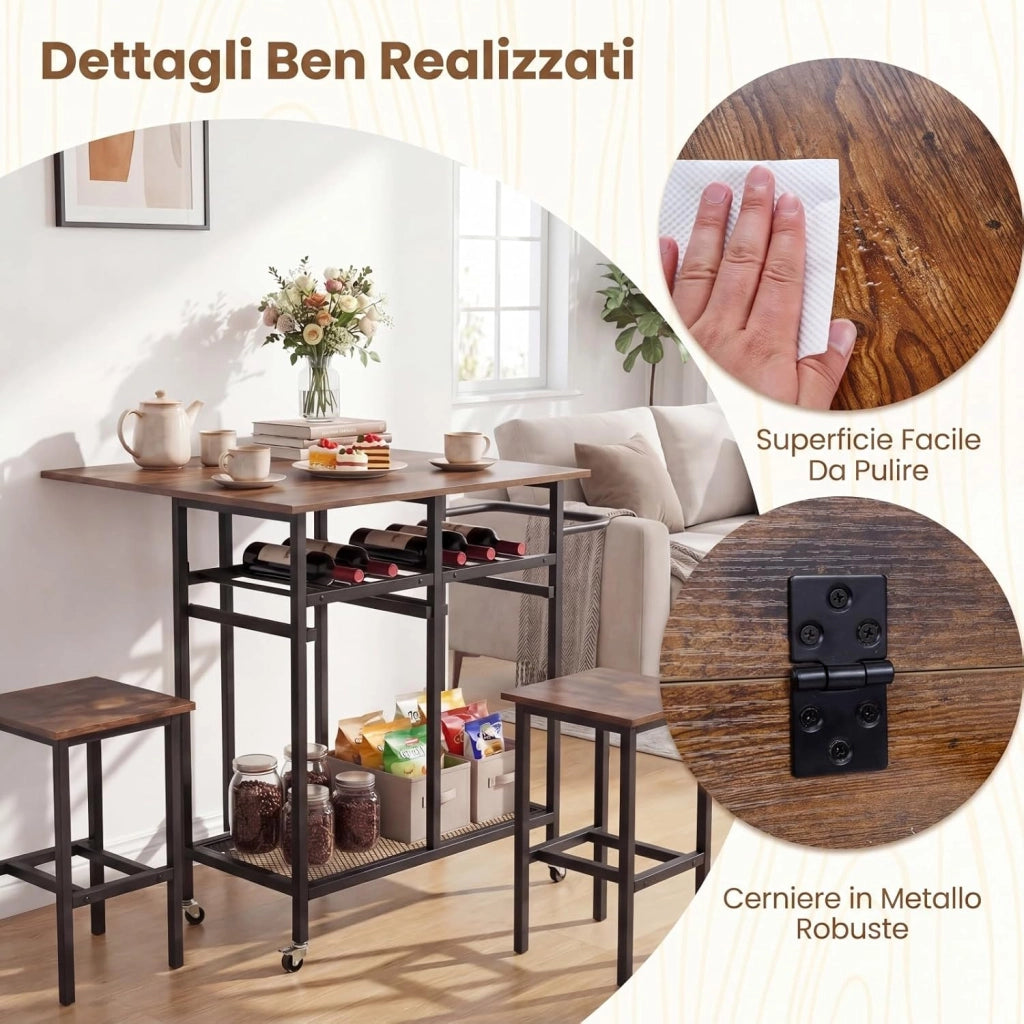 Set Tavolo da Pranzo Pieghevole 3 Pezzi, Tavolo Salvaspazio Estendibile con 2 Sgabelli con Ruote, Portabottiglie da 6 Posti, Ripiani e Maniglia Laterale per Cucina (Caffè,Modello 2)