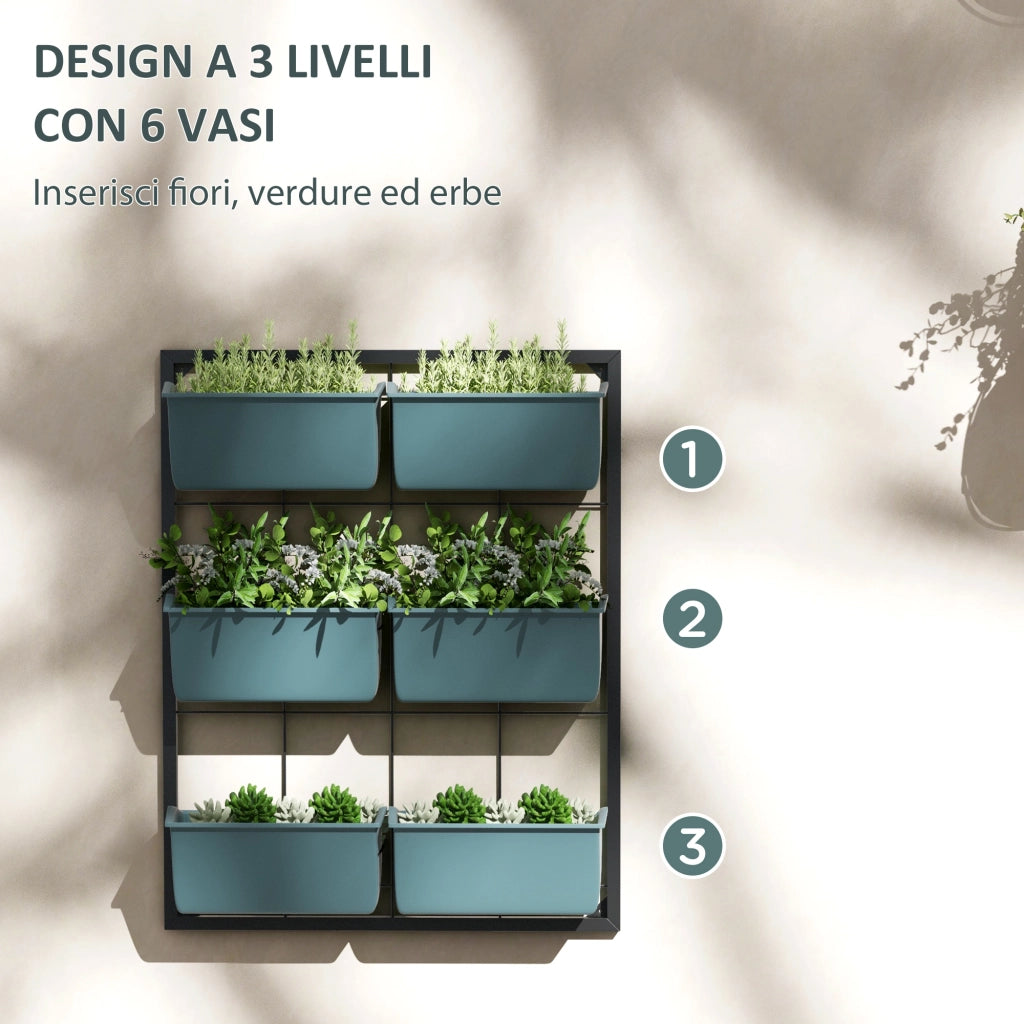Orto Verticale 3 Livelli con 6 Vasi ¨C zephmum ¨C Acciaio e Plastica Verde 52x14x66cm