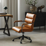 SEDIA UFFICIO Girevole 360° In Pelle Marrone con Braccioli in Legno