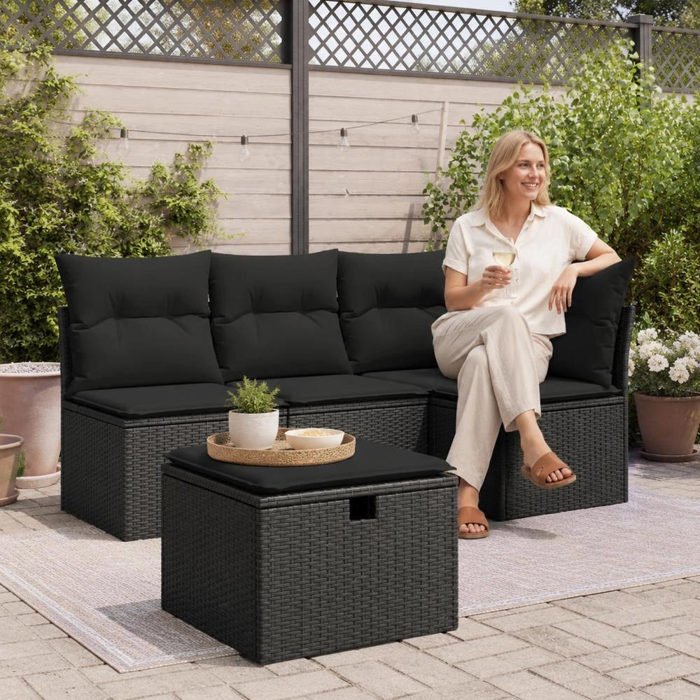 Garden Stool With Cushion, Black, 55x55x37 Cm, Poly Rattan