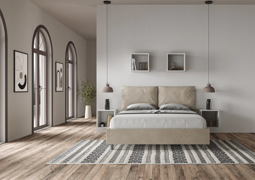 Letto Matrimoniale 160x210 cm con Rete e Contenitore Giroletto con Alzata Comoda Imbottito in Microfibra Antea Sabbia