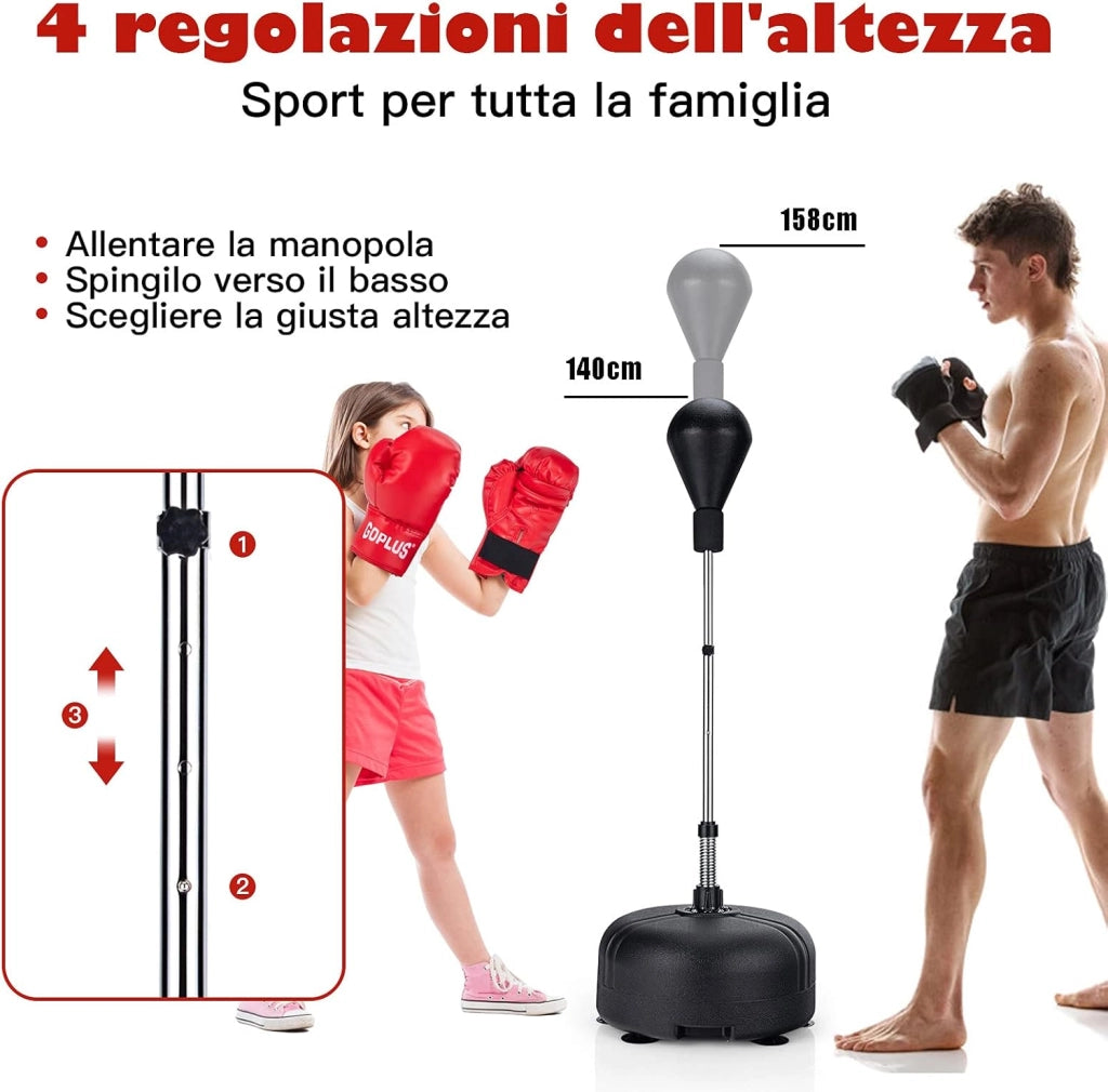 Sacco da Boxe da Terra Regolabile in 4 Posizioni, Sacco da Boxe con Supporto e Base Stabile, Ideale per Adulti e Bambini