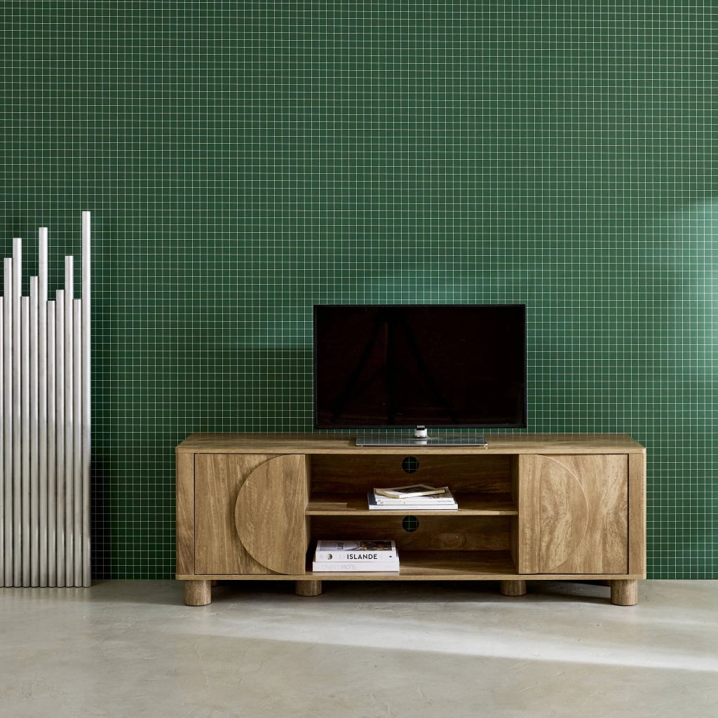 Mobile tv esotico effetto legno di mango 2 ante reversibili, 155cm,